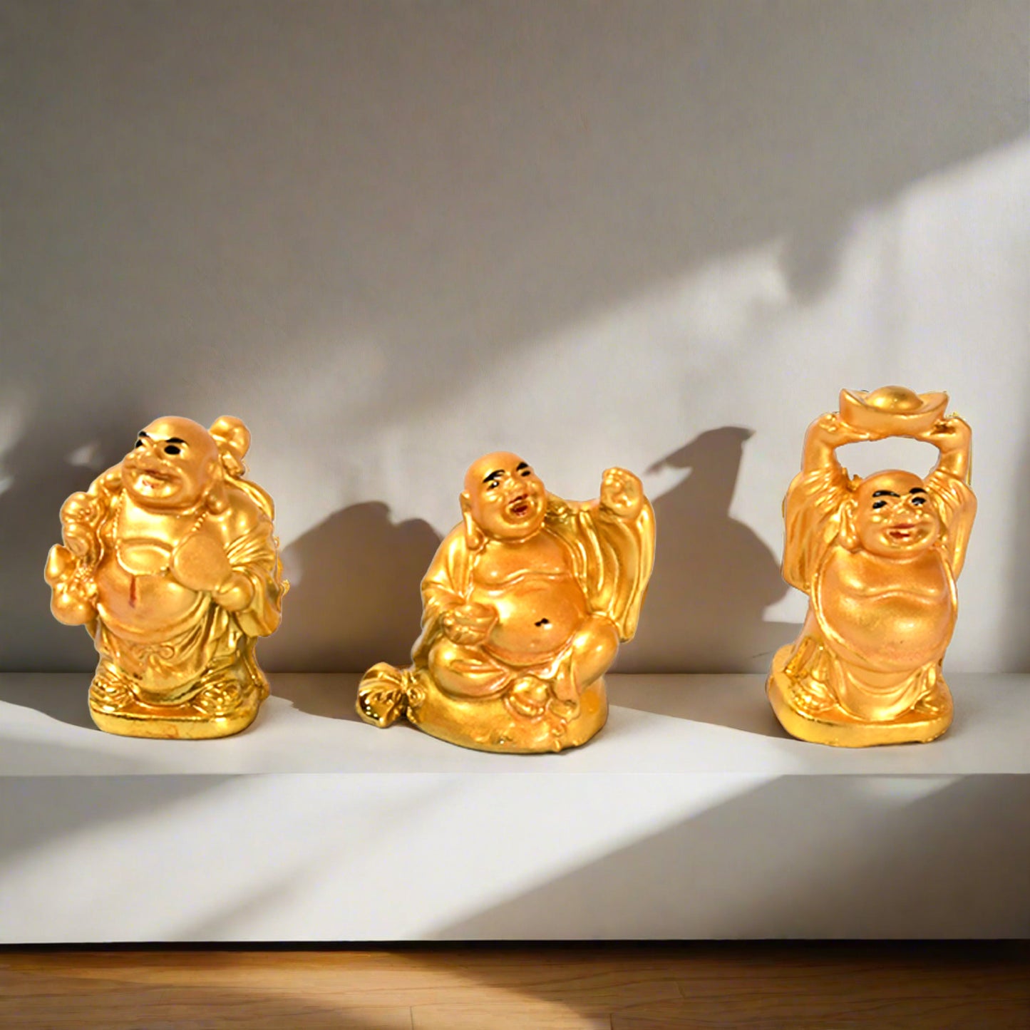 17924 Golden Laughing Buddha Set Of Six Pieces Statue For Happiness Wealth Good Luck Decor For Wealth And Success (6 Pcs Set)