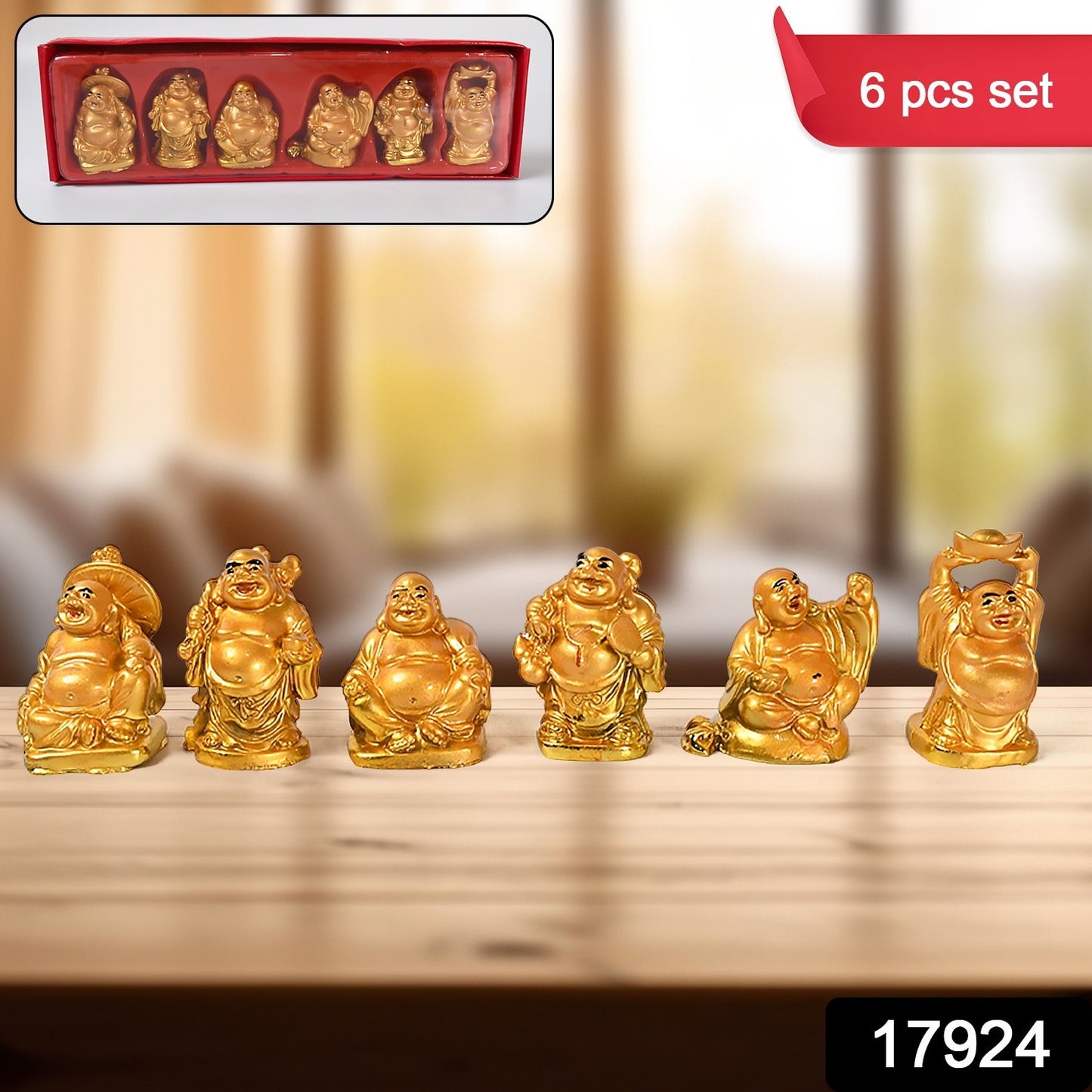 17924 Golden Laughing Buddha Set Of Six Pieces Statue For Happiness Wealth Good Luck Decor For Wealth And Success (6 Pcs Set)