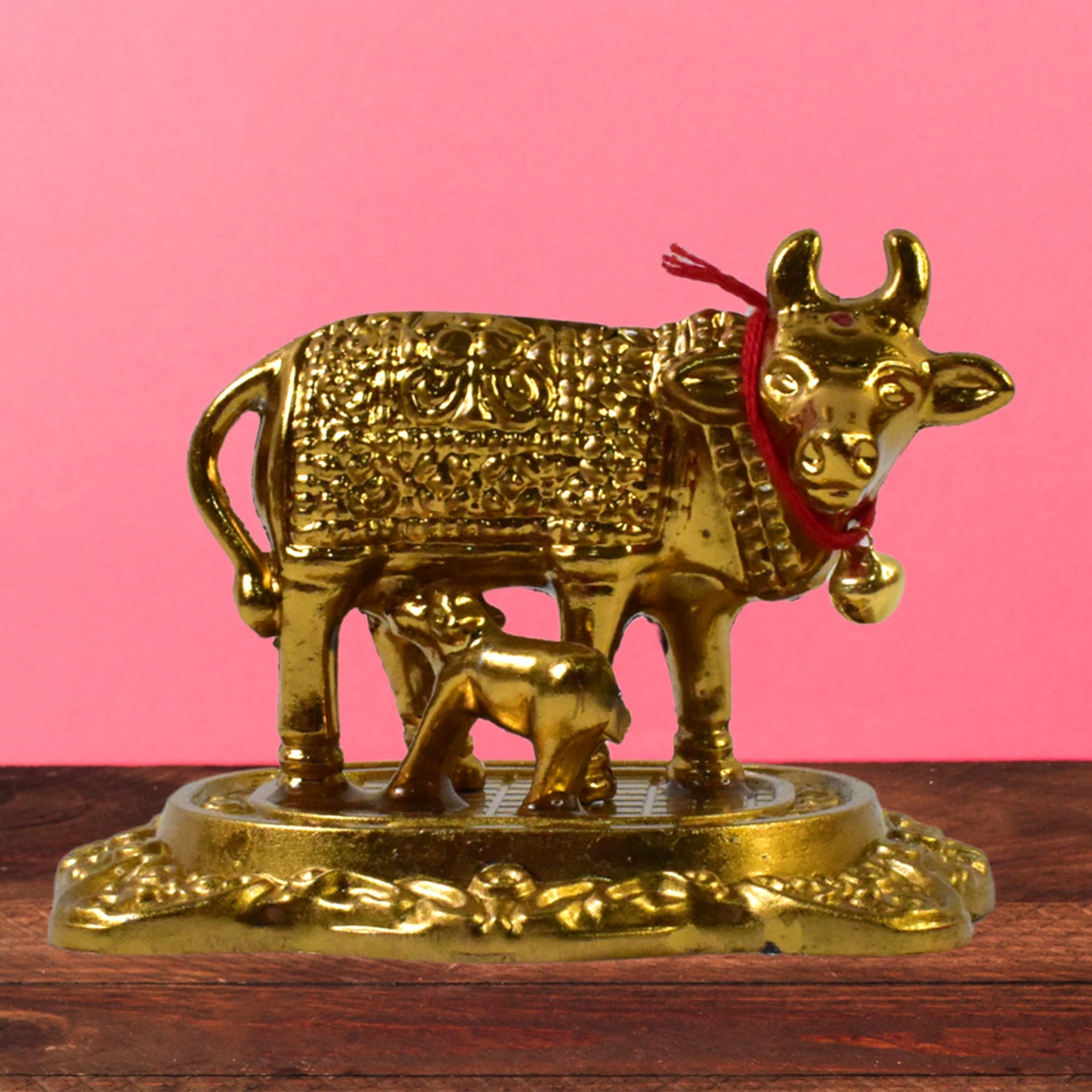 Metal Golden Kamdhenu Cow With Calf Sacred Vastu Idol for Home & Office Decor (1 Pc)
