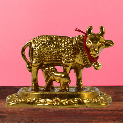 Metal Golden Kamdhenu Cow With Calf Sacred Vastu Idol for Home & Office Decor (1 Pc)