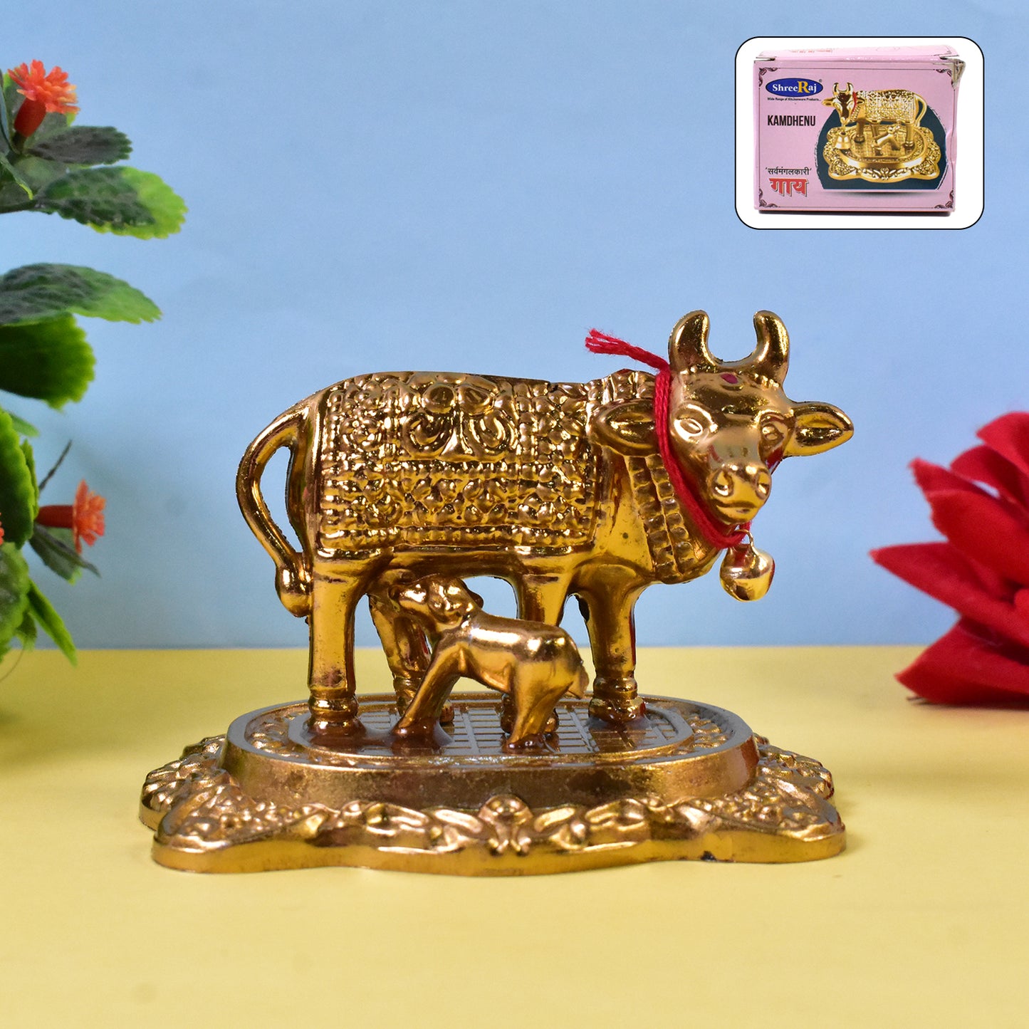 Metal Golden Kamdhenu Cow With Calf Sacred Vastu Idol for Home & Office Decor (1 Pc)