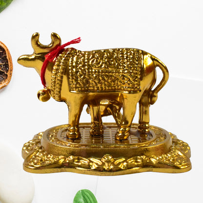 Metal Golden Kamdhenu Cow With Calf Sacred Vastu Idol for Home & Office Decor (1 Pc)