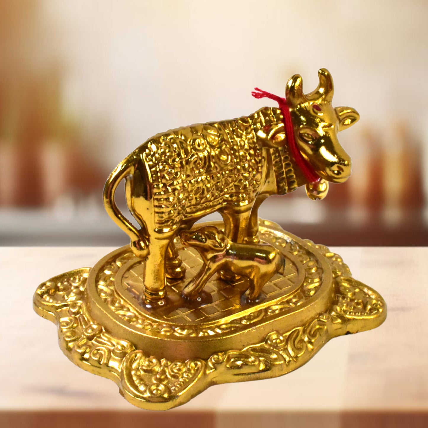 Metal Golden Kamdhenu Cow With Calf Sacred Vastu Idol for Home & Office Decor (1 Pc)