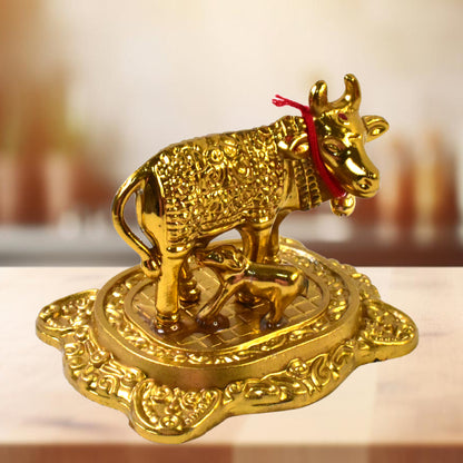 Metal Golden Kamdhenu Cow With Calf Sacred Vastu Idol for Home & Office Decor (1 Pc)