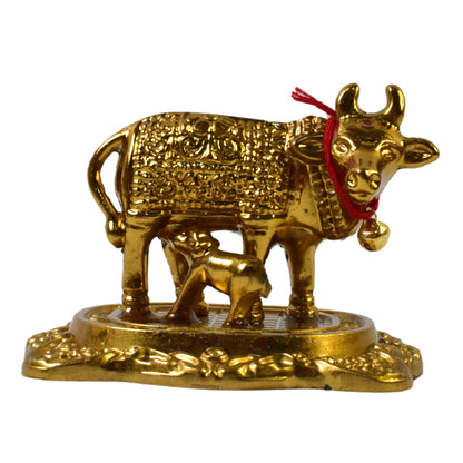 Metal Golden Kamdhenu Cow With Calf Sacred Vastu Idol for Home & Office Decor (1 Pc)